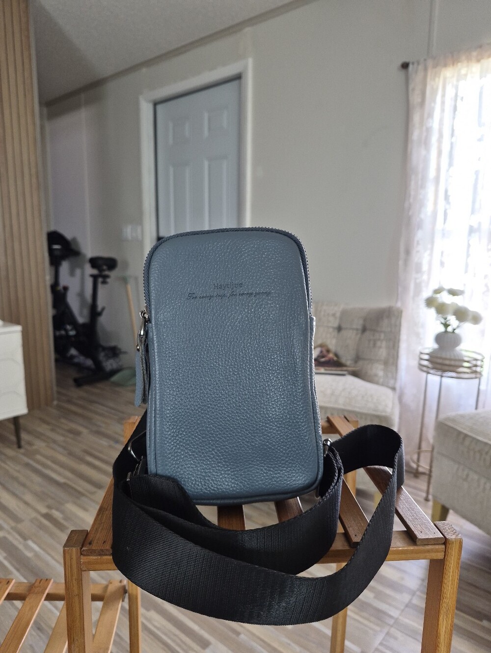 Men's Light Blue Leather Crossbody Phone Pouch - Minimal Sling Bag